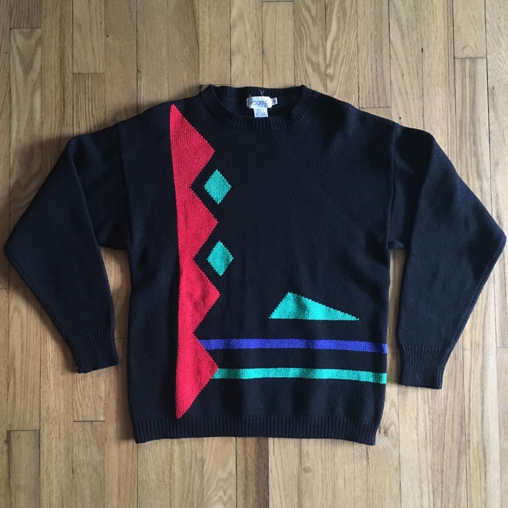 Vintage 1980s Rafaella Abstract Sweater | Wool Silk Blend | Black | Size M-L